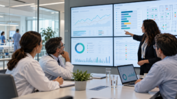 Equipe de gestão hospitalar analisando dashboards e indicadores em reunião